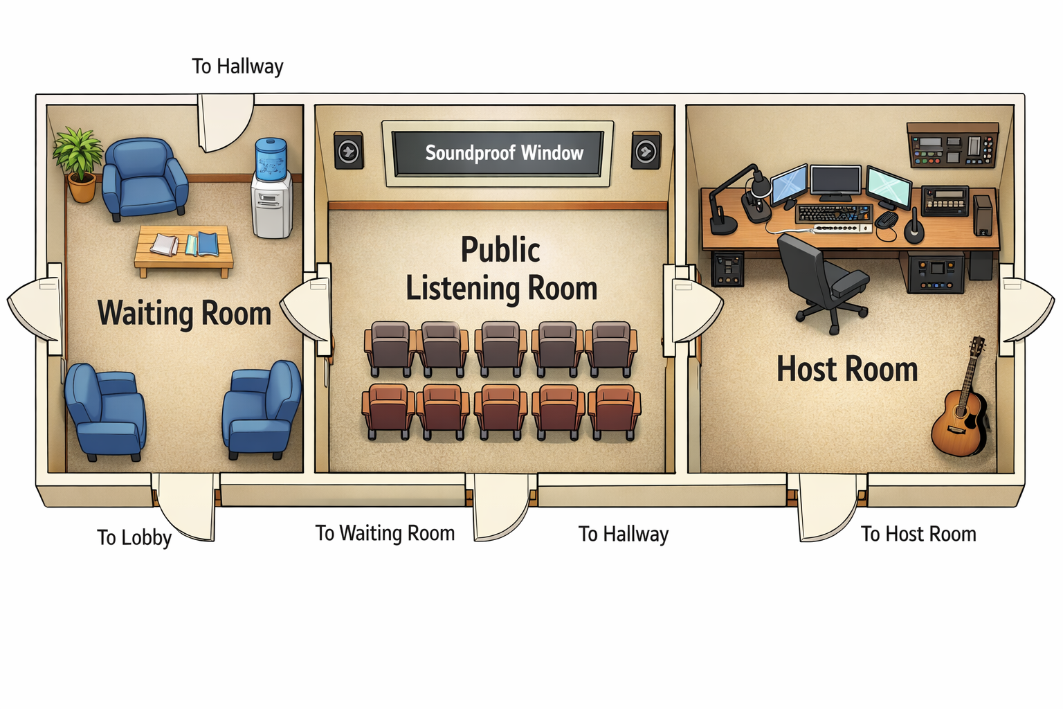 Floor plan showing Waiting Room, Public Listening Room, and Host Room with multiple doors.